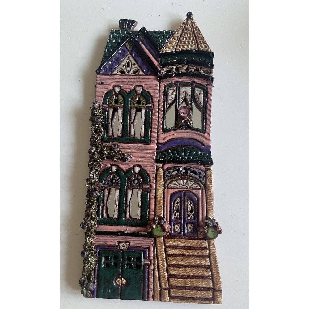 PJW Pottery Victorian House Folk Art Wall Hanging Magnet Handmade Pink Green